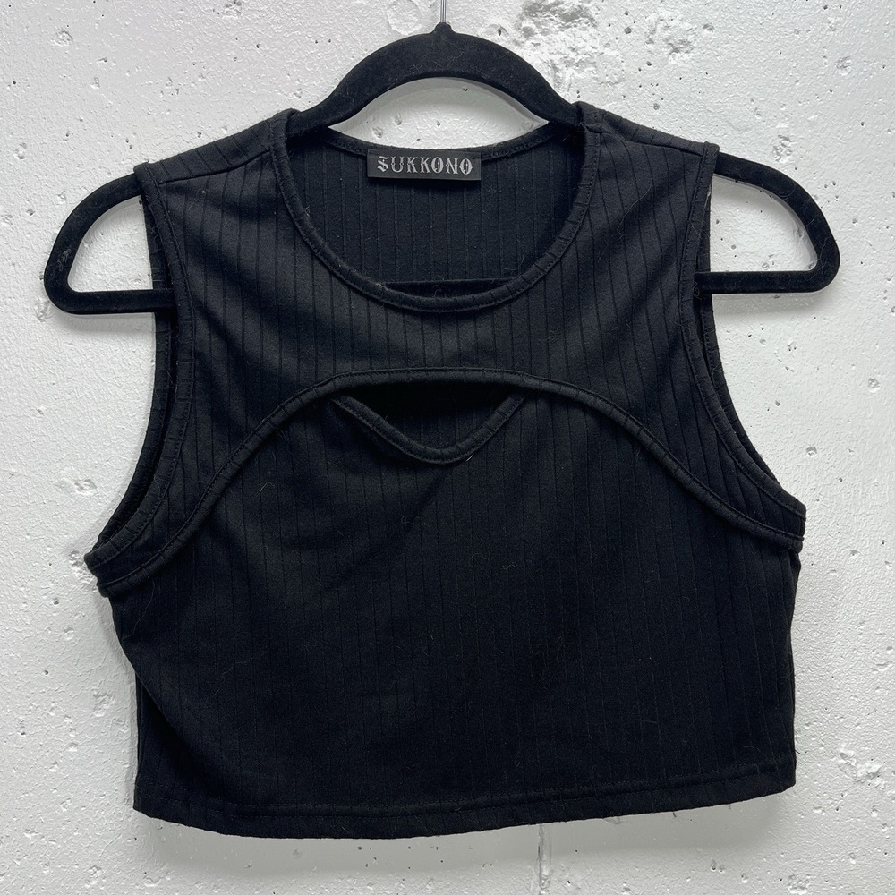 Sukkono Women's Medium‎ Black Ribbed Knit Crop Top Peephole Sleeveless Shirt